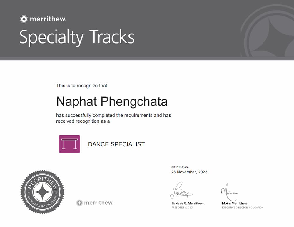 STOTT PILATES® Dance Specialist Zertifikat – Naphat Phengchata 2023