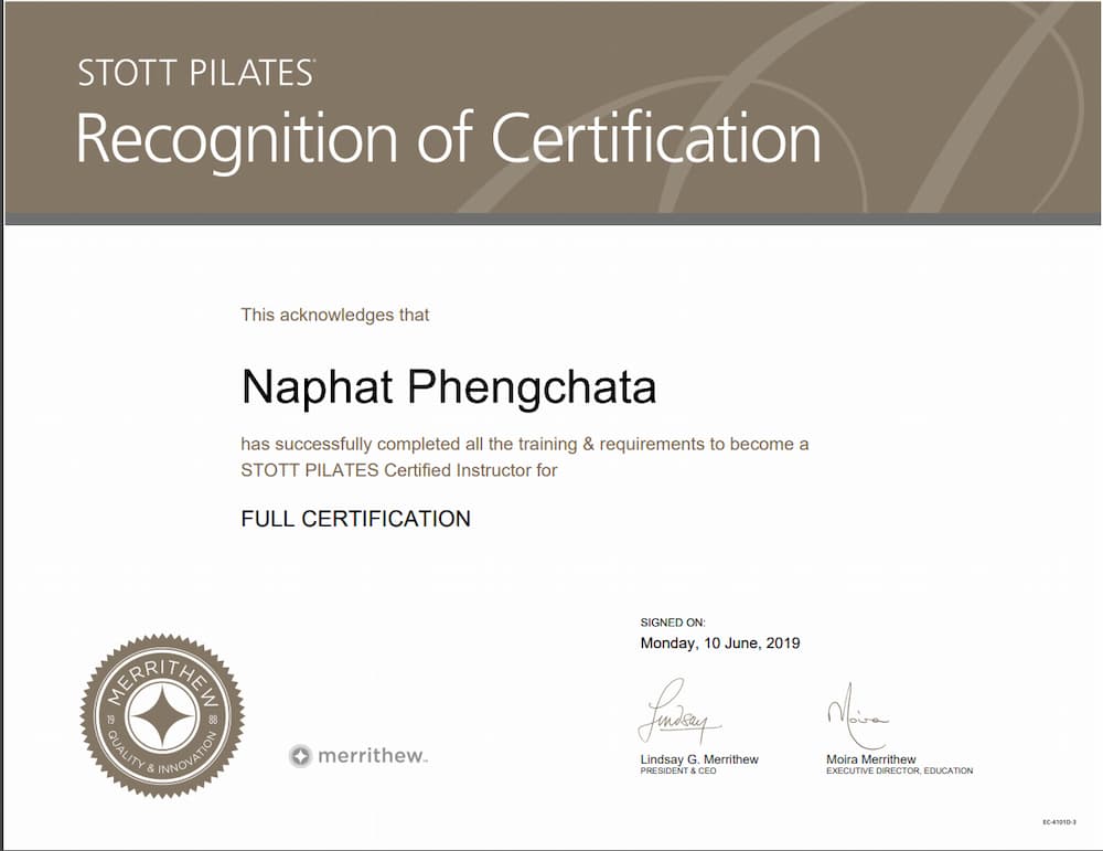STOTT PILATES® Full Certification – Naphat Phengchata 2019